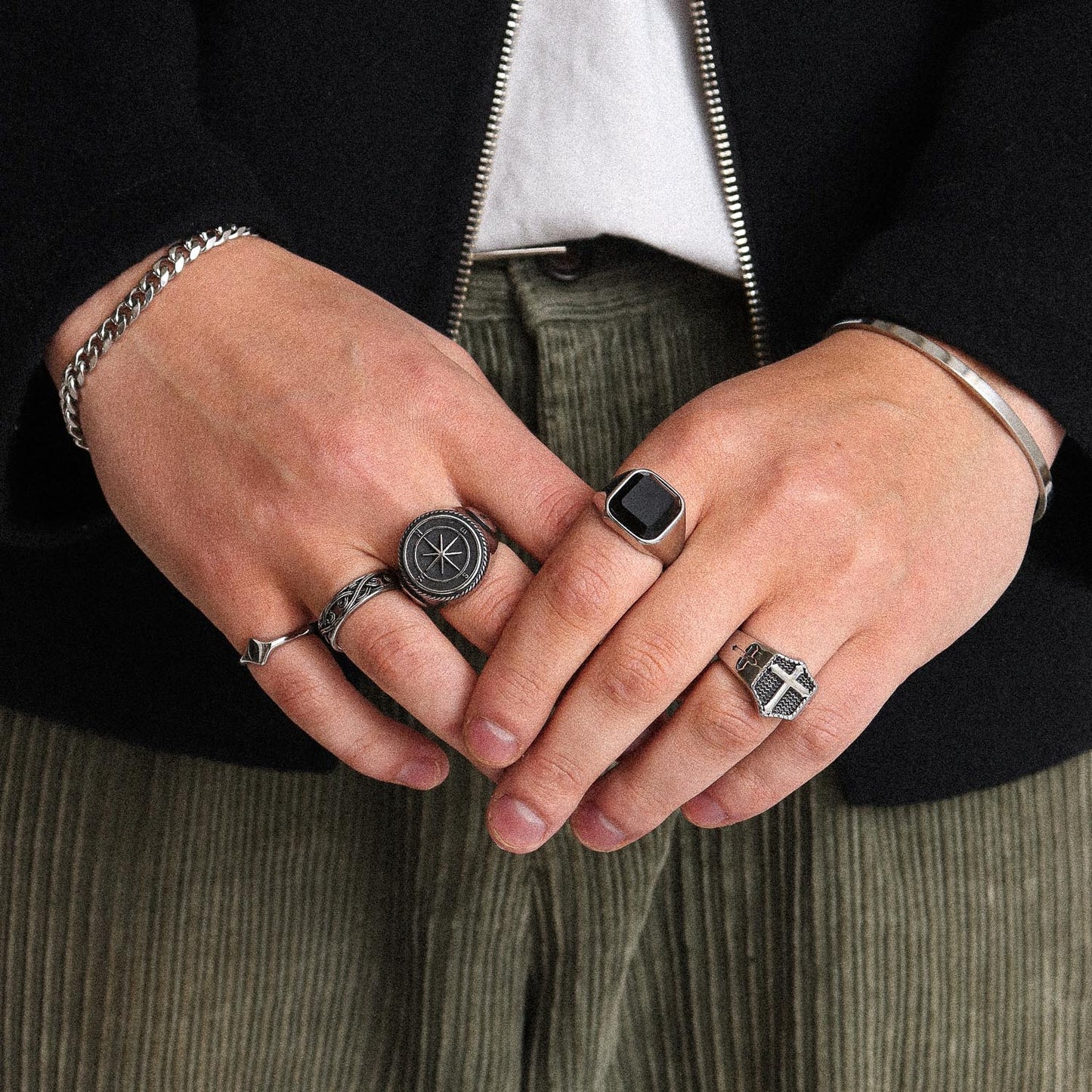 Silver Square Black Stone Signet Ring