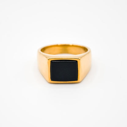 Gold Rectangle Black Stone Signet Ring