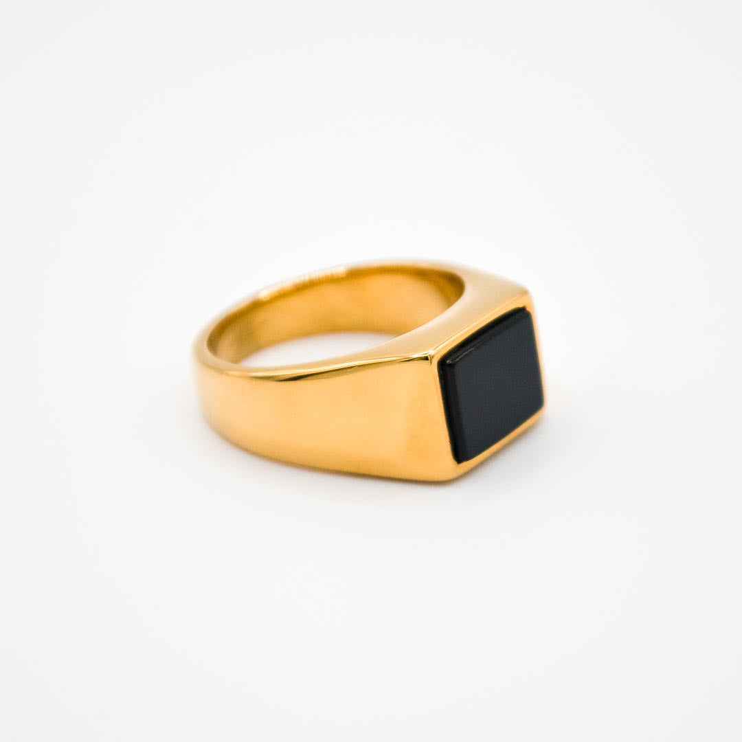 Gold Rectangle Black Stone Signet Ring