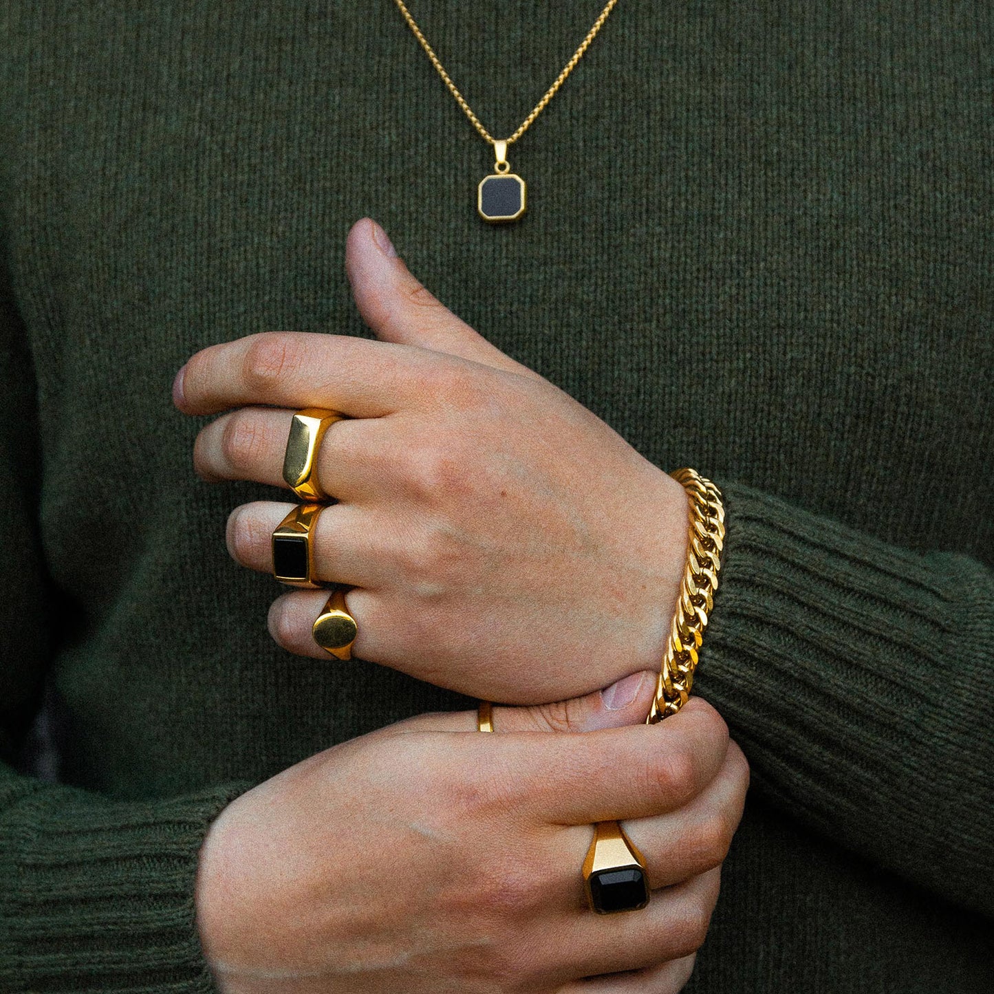 Gold Rectangle Black Stone Signet Ring