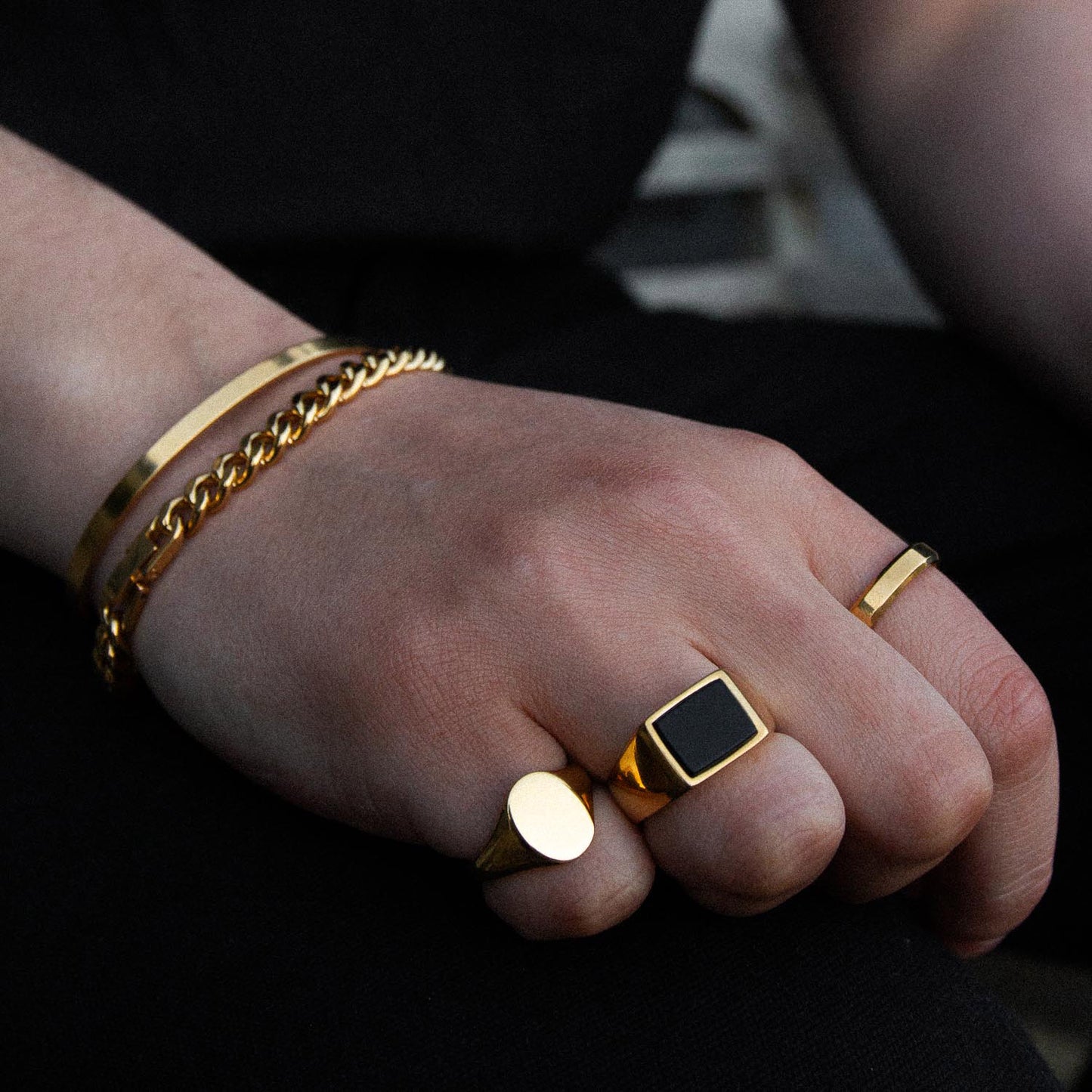 Gold Rectangle Black Stone Signet Ring