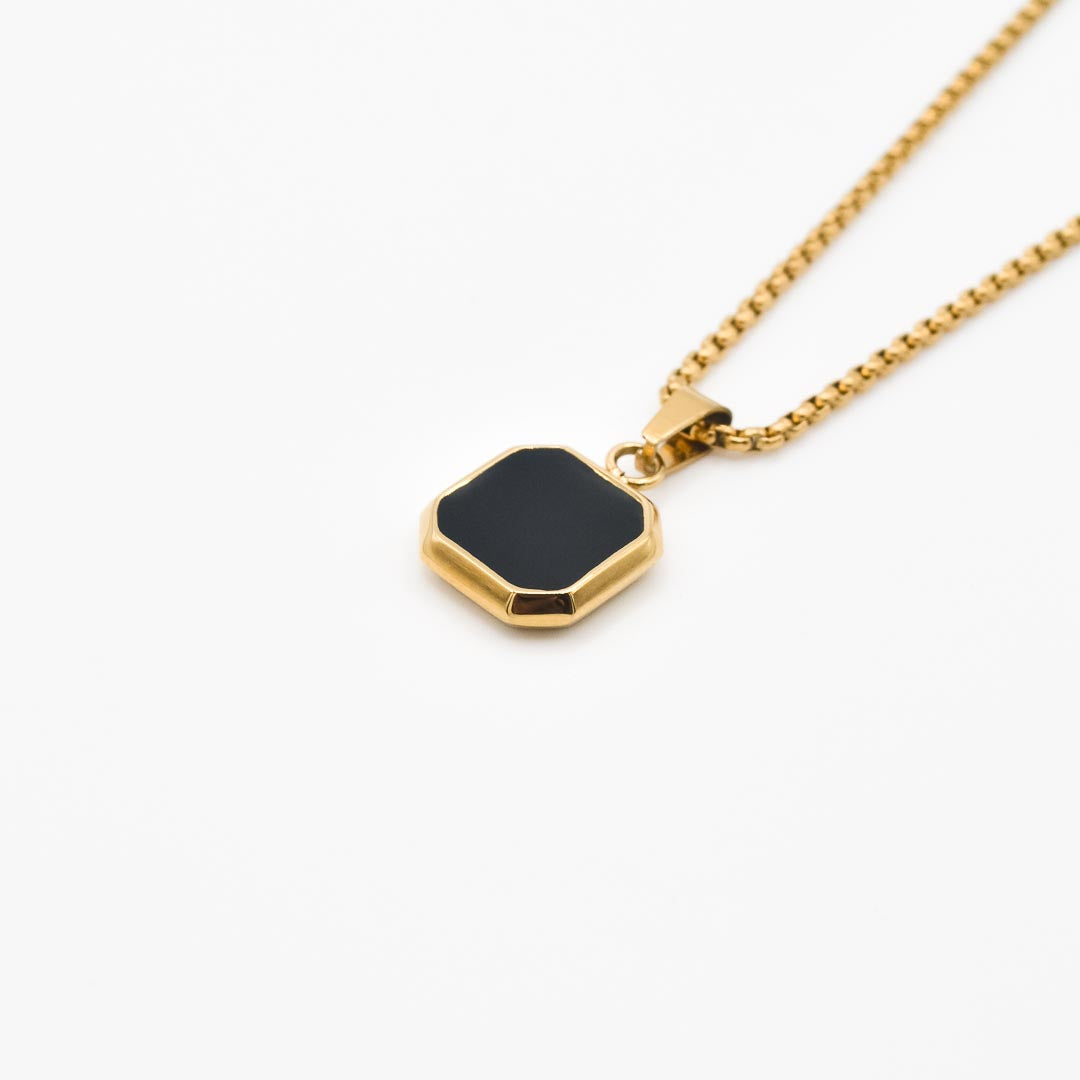 Gold Square Stone Pendant Necklace - Black