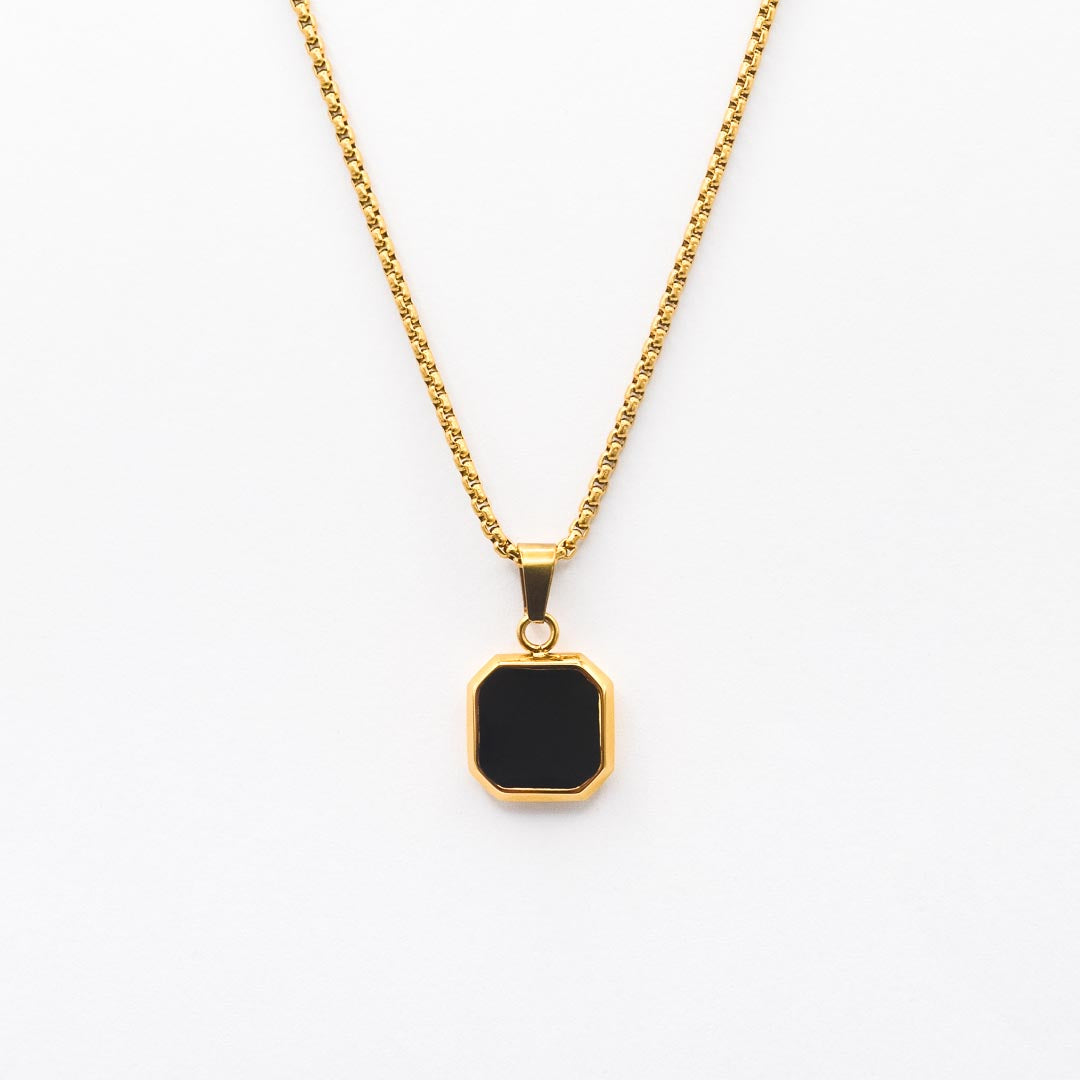 Gold Square Stone Pendant Necklace - Black