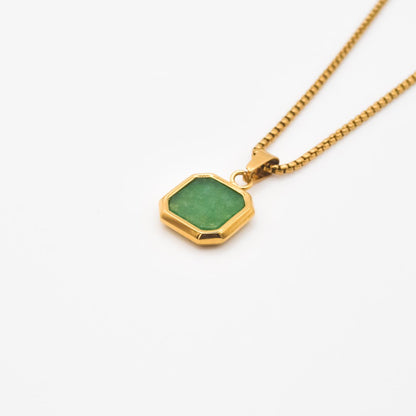 Gold Square Stone Pendant Necklace - Green