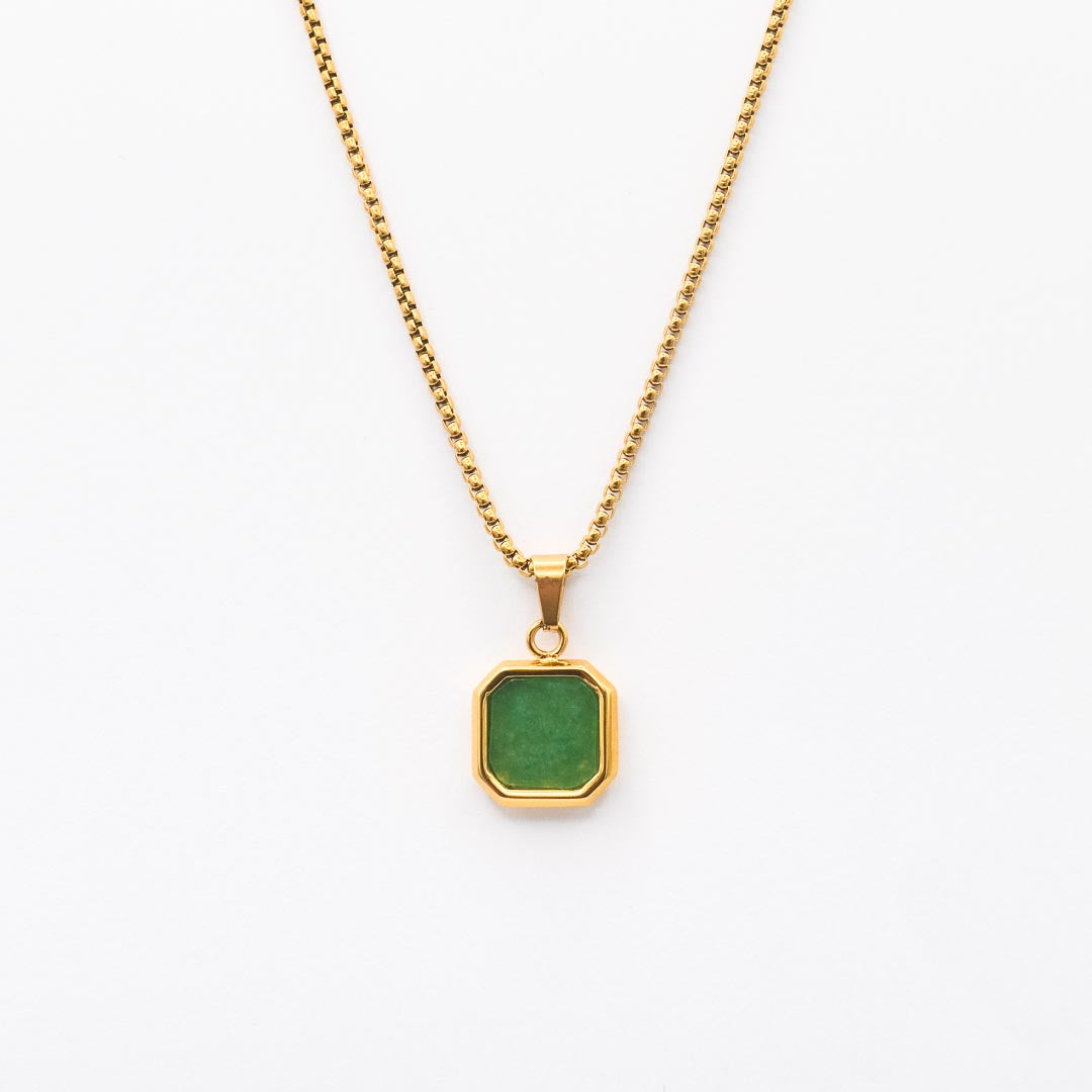 Gold Square Stone Pendant Necklace - Green