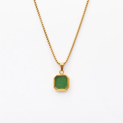 Gold Square Stone Pendant Necklace - Green