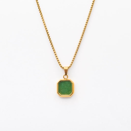 Gold Square Stone Pendant Necklace - Green