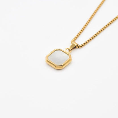 Gold Square Stone Pendant Necklace - White