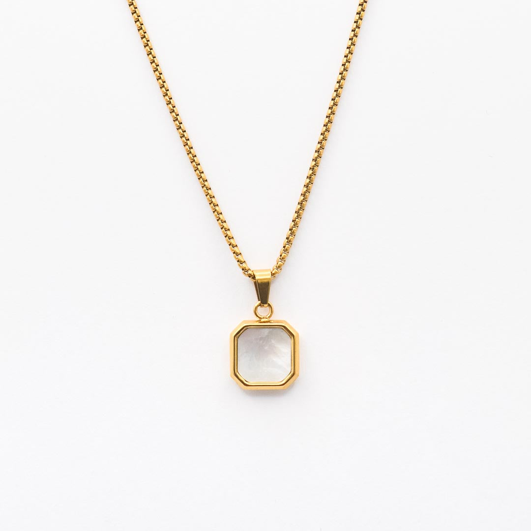 Gold Square Stone Pendant Necklace - White