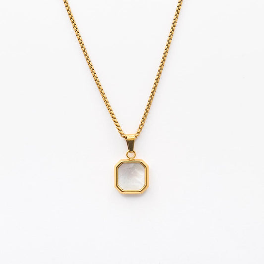 Gold Square Stone Pendant Necklace - White