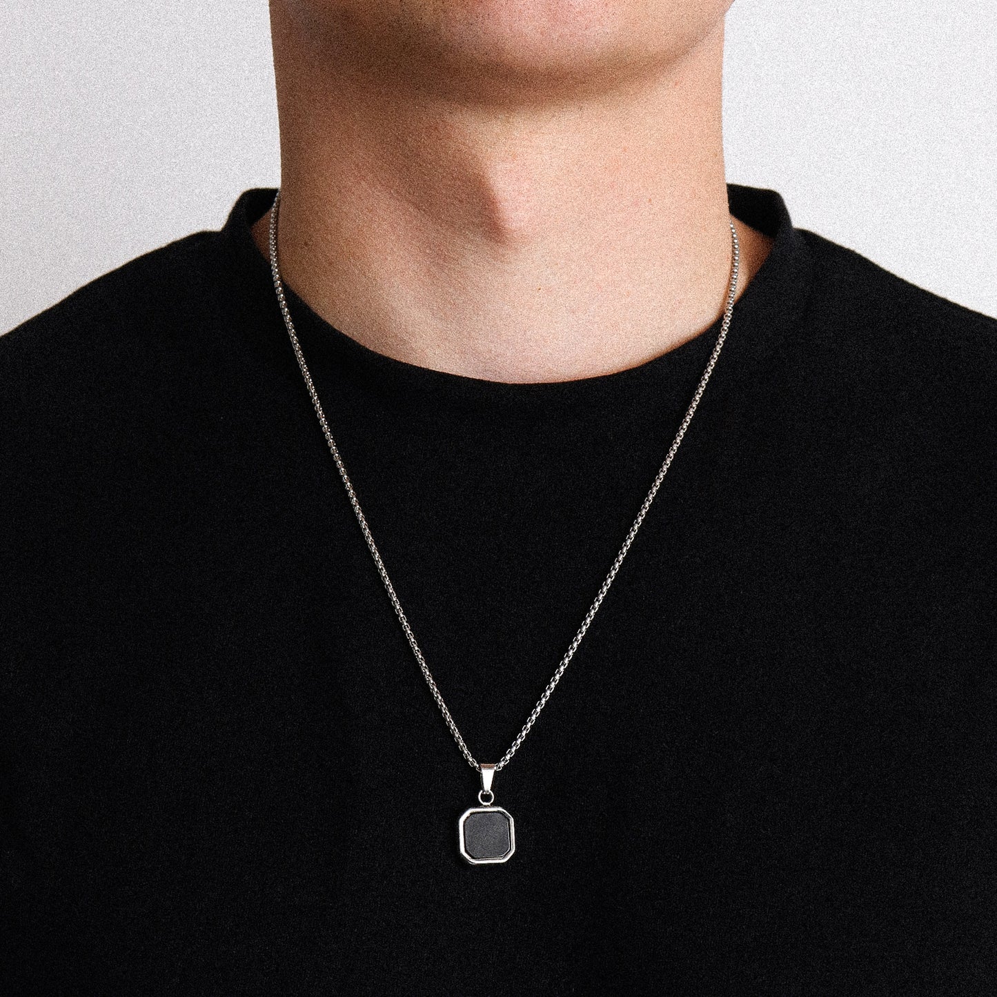 Silver Square Stone Pendant Necklace - Black