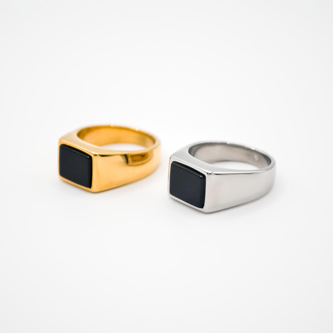 Silver Rectangle Black Stone Signet Ring