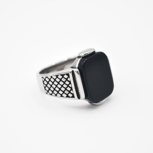 Silver Rectangle With Scales Ring - Black