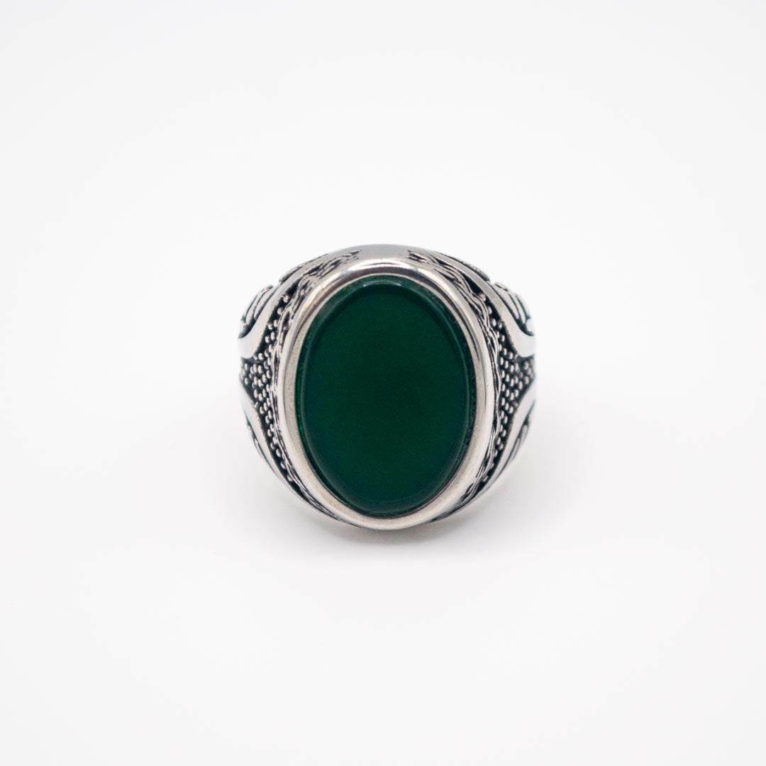 Silver Oval Decorative Ring - Green