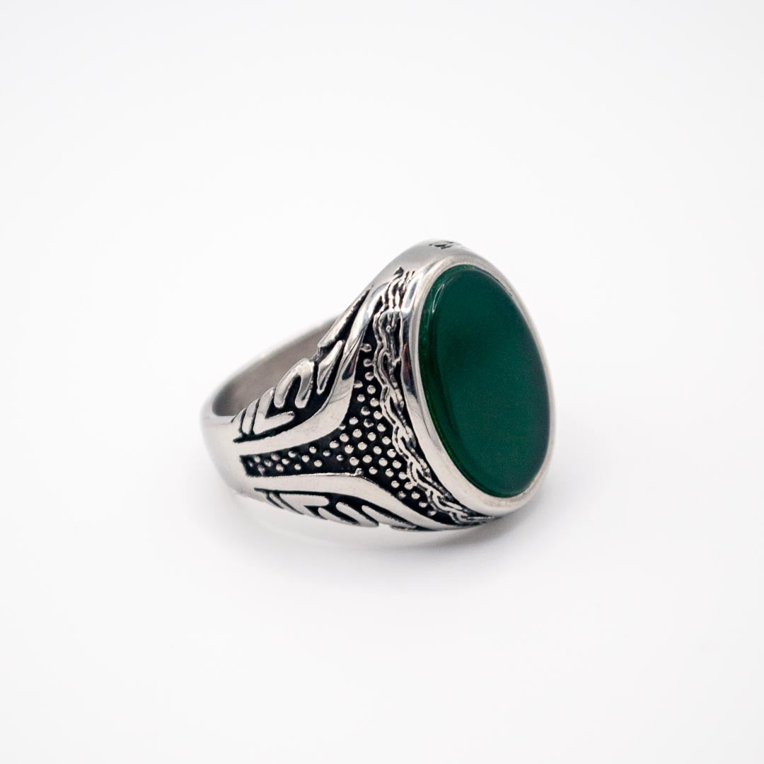 Silver Oval Decorative Ring - Green