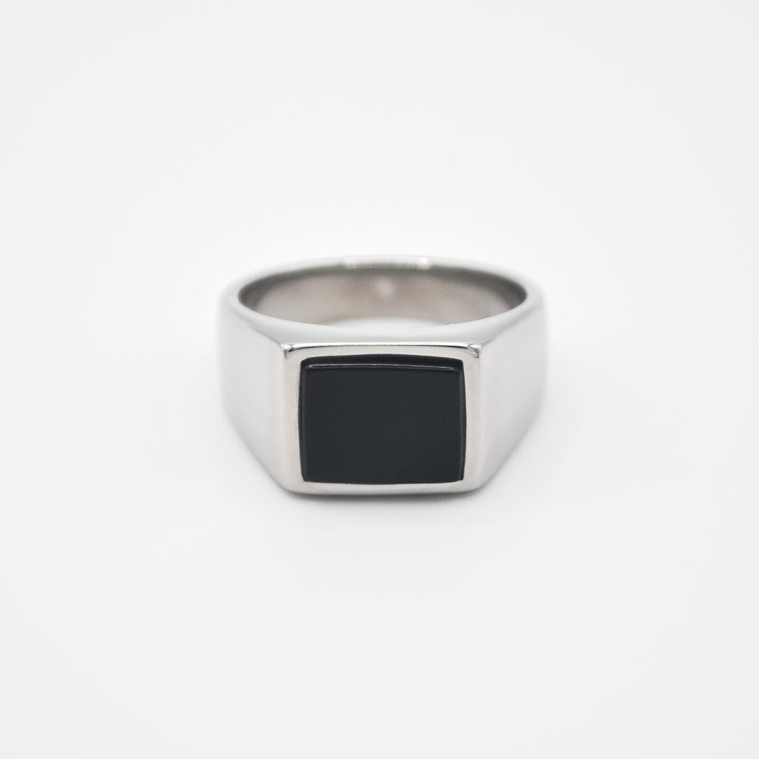 Silver Rectangle Black Stone Signet Ring