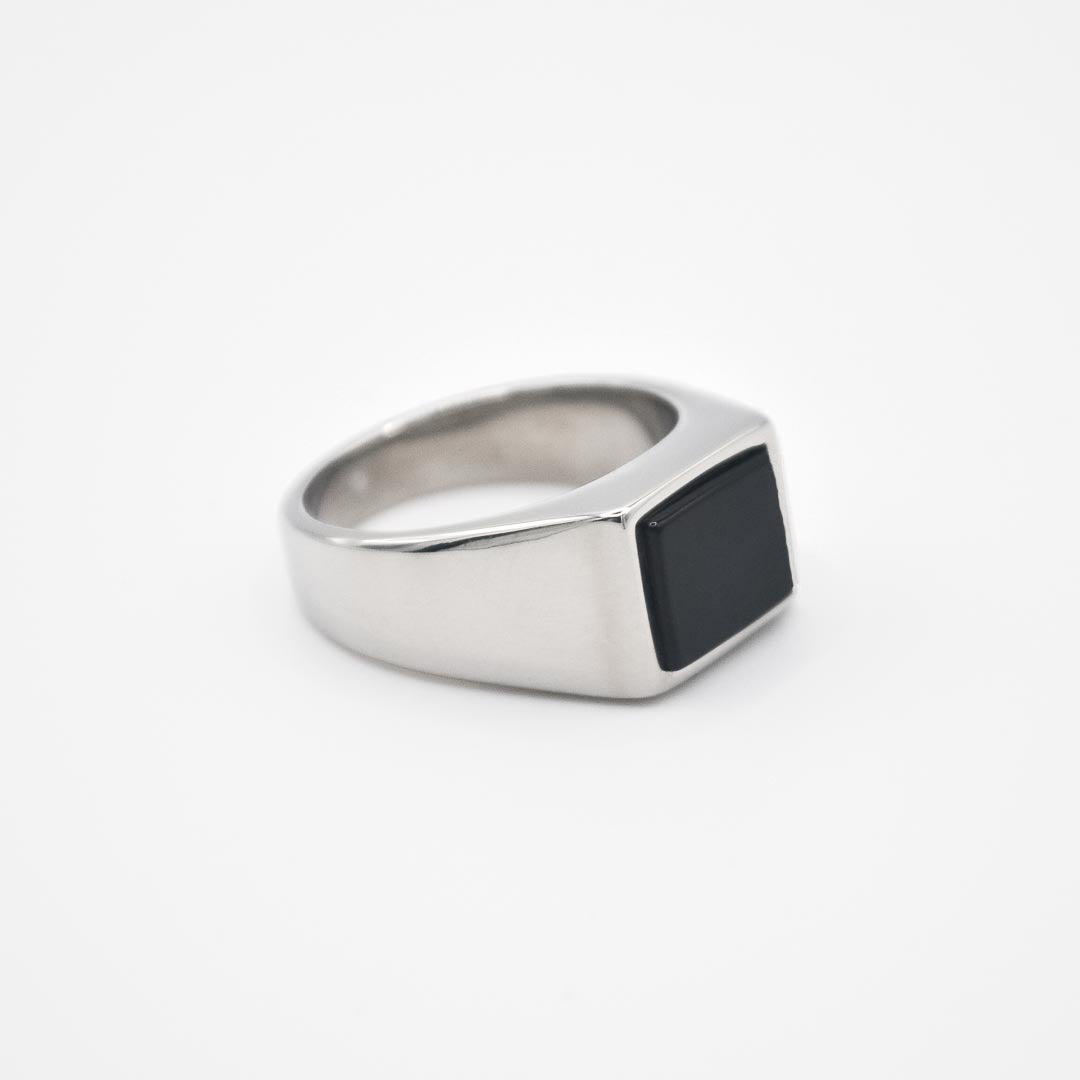 Silver Rectangle Black Stone Signet Ring