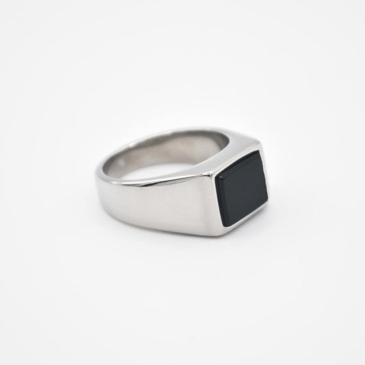 Silver Rectangle Black Stone Signet Ring