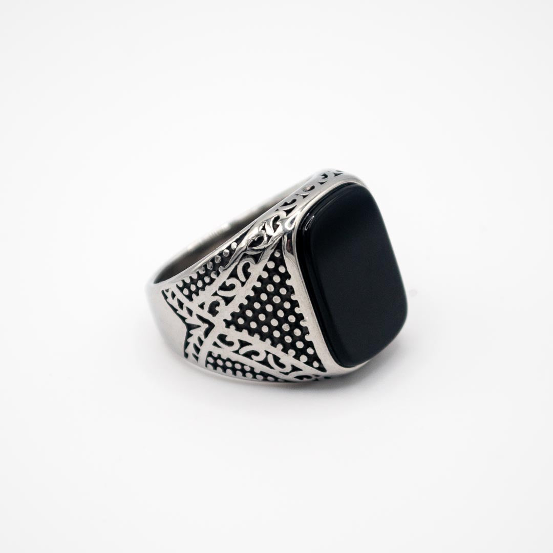 Silver Rectangle Decorative Ring - Black