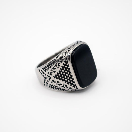 Silver Rectangle Decorative Ring - Black