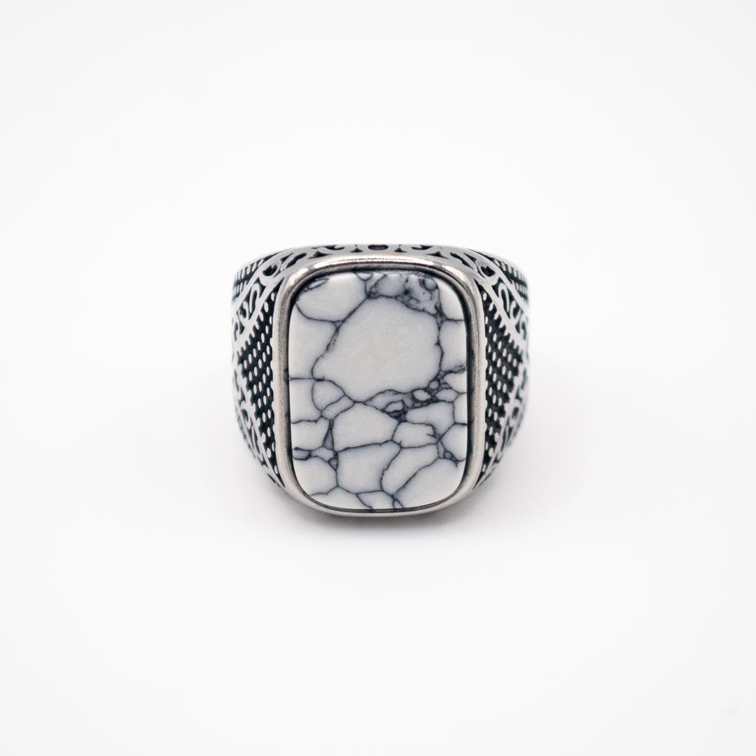 Silver Rectangle Decorative Ring - White Marble