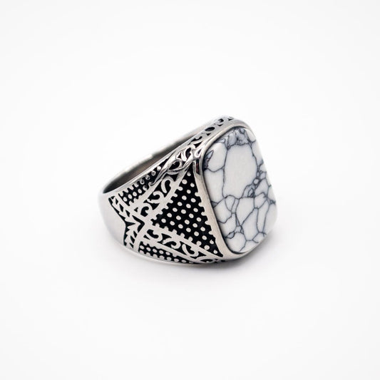 Silver Rectangle Decorative Ring - White Marble