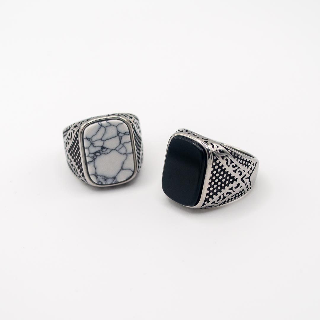 Silver Rectangle Decorative Ring - White Marble