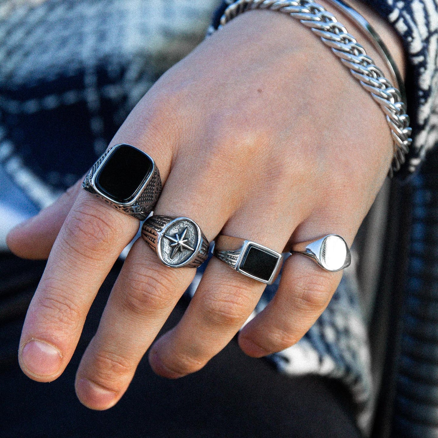 Silver Rectangle Decorative Ring - Black