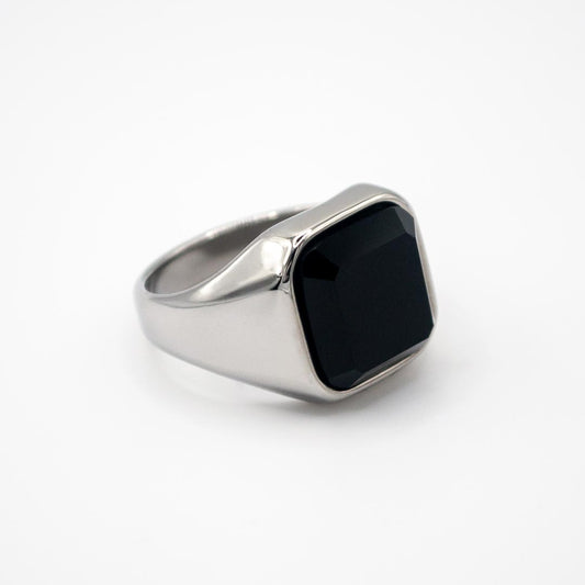 Silver Square Black Stone Signet Ring