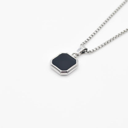 Silver Square Stone Pendant Necklace - Black