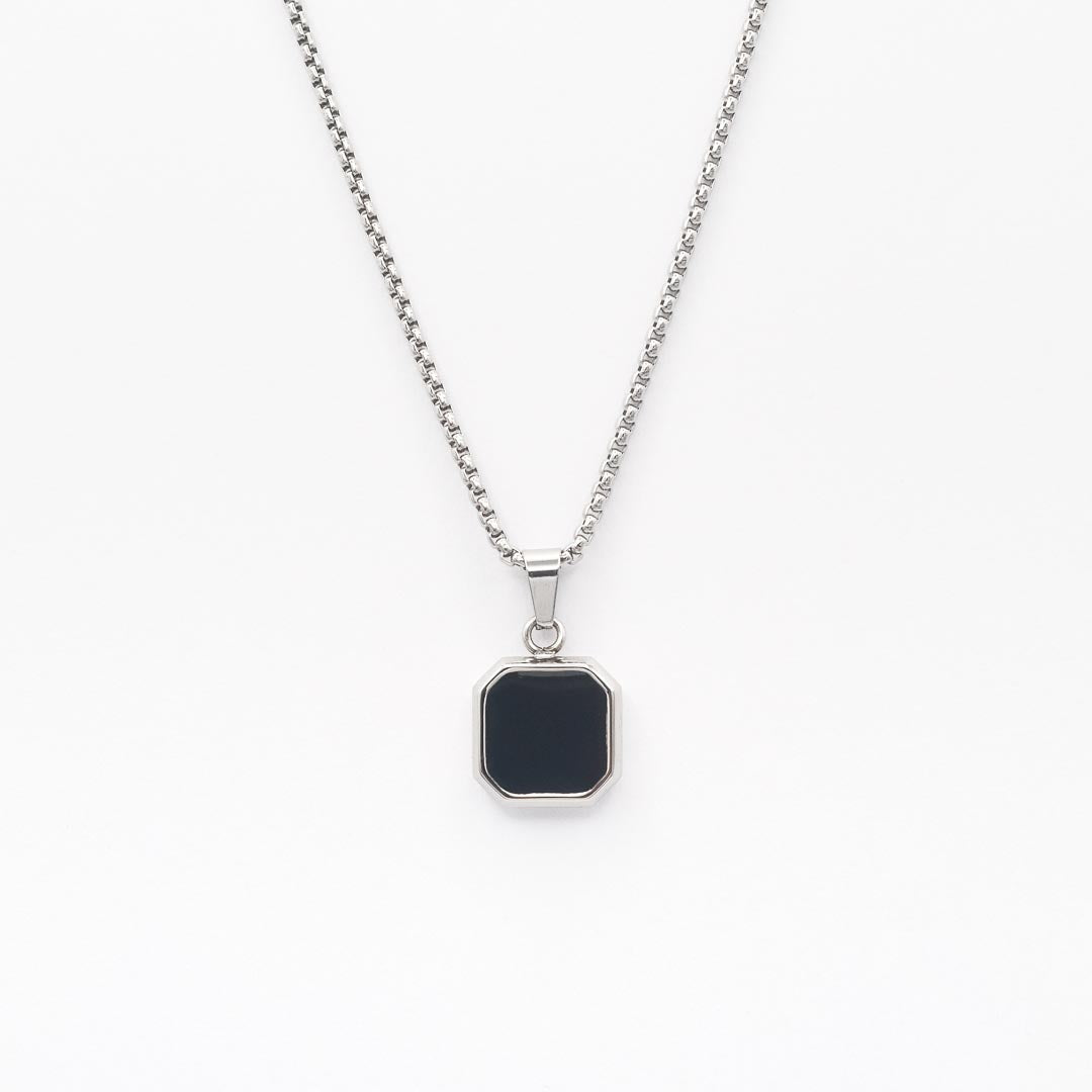 Silver Square Stone Pendant Necklace - Black