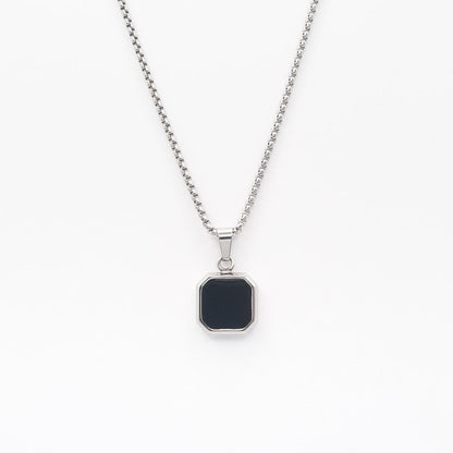 Silver Square Stone Pendant Necklace - Black