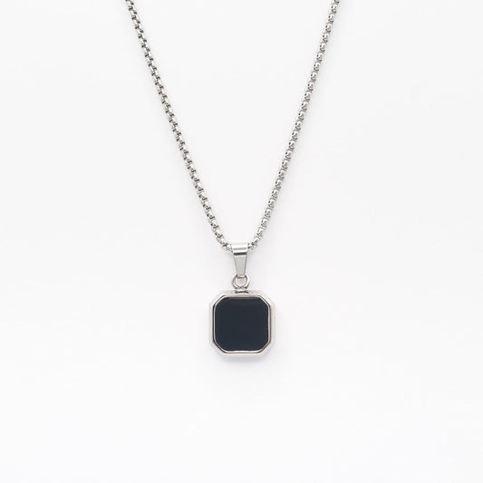 Silver Square Stone Pendant Necklace - Black