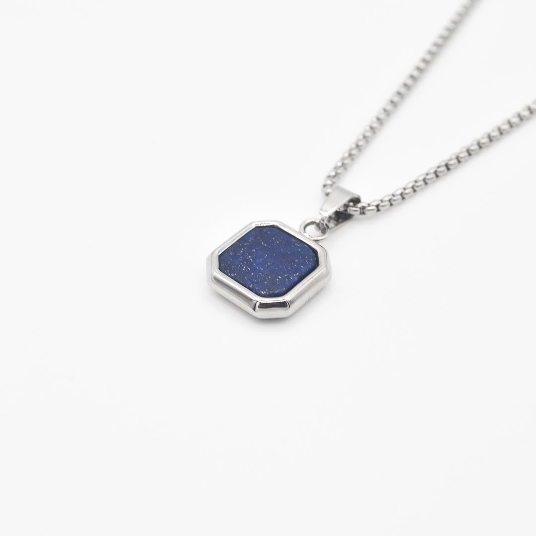 Silver Square Stone Pendant Necklace - Blue