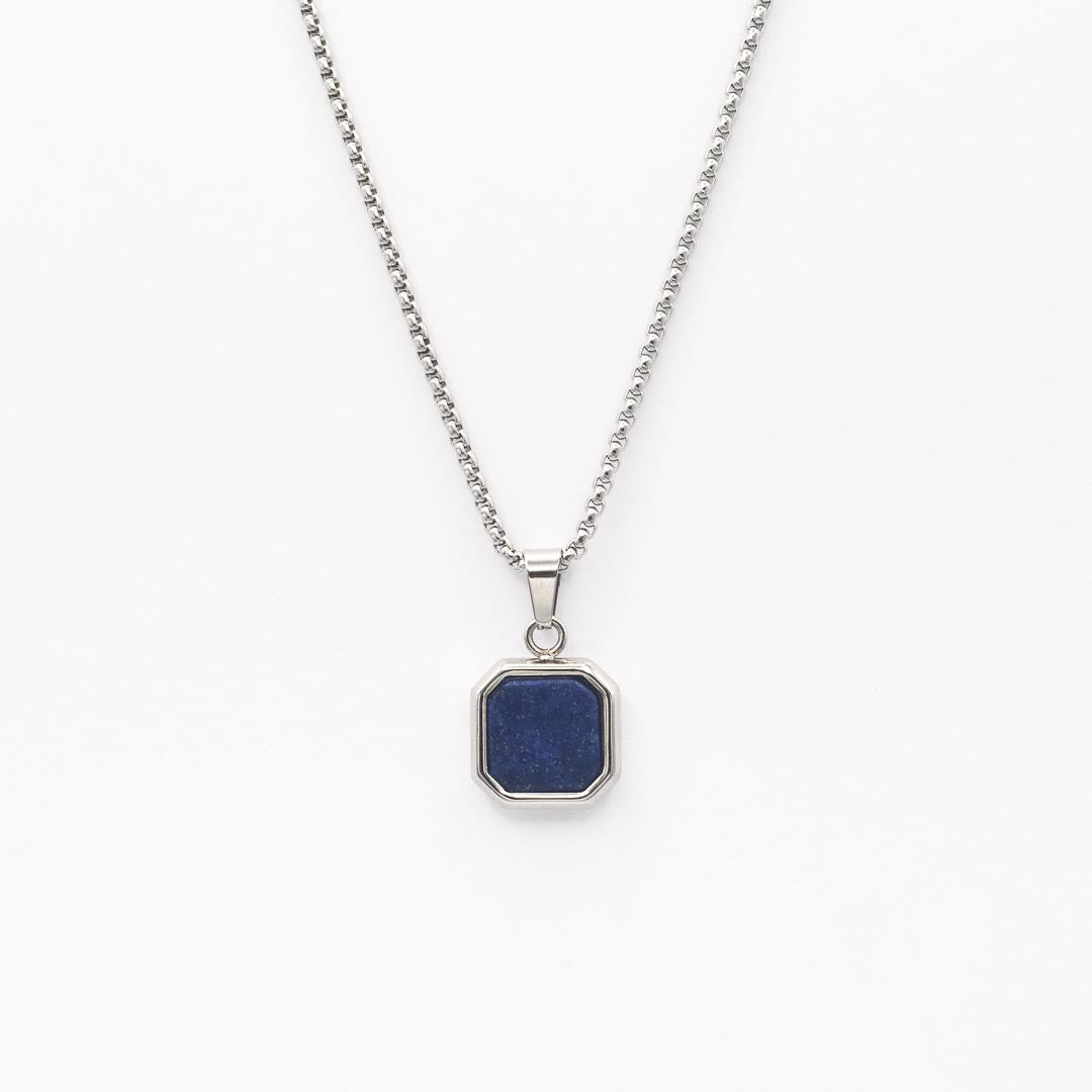 Silver Square Stone Pendant Necklace - Blue