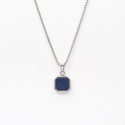 Silver Square Stone Pendant Necklace - Blue