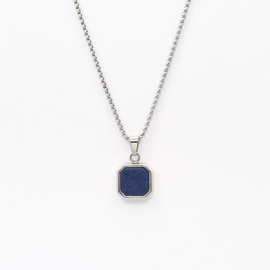 Silver Square Stone Pendant Necklace - Blue