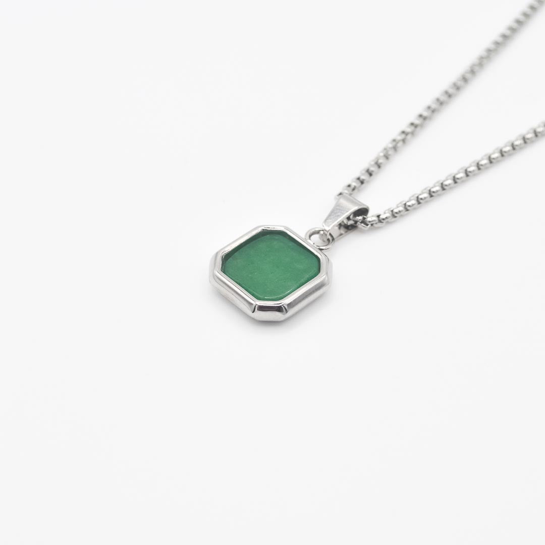 Silver Square Stone Pendant Necklace - Green