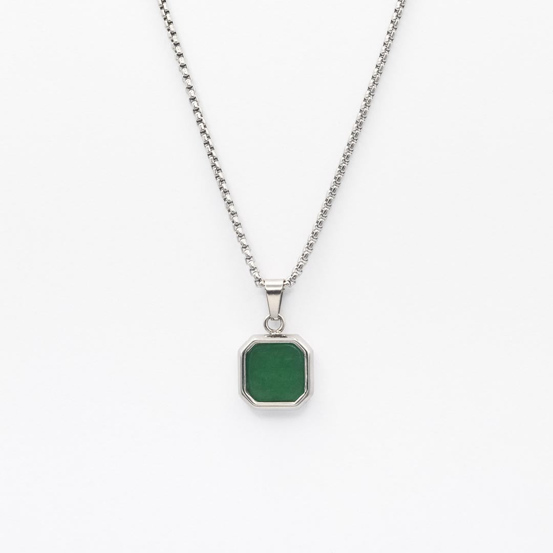 Silver Square Stone Pendant Necklace - Green