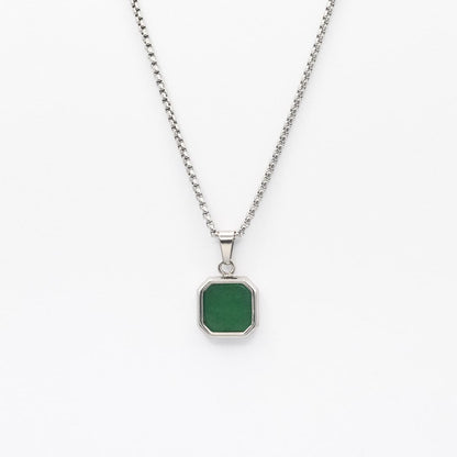 Silver Square Stone Pendant Necklace - Green