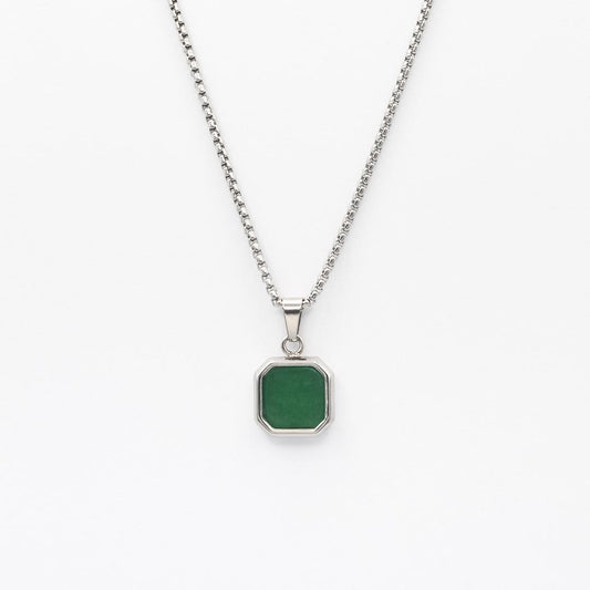 Silver Square Stone Pendant Necklace - Green