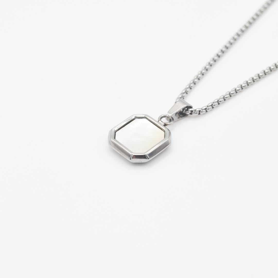 Silver Square Stone Pendant Necklace - White