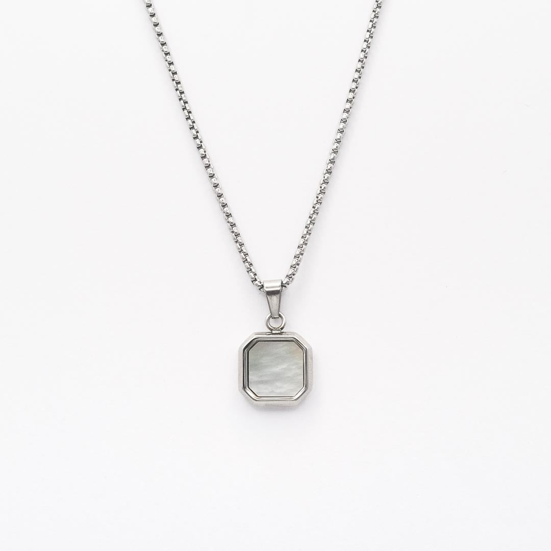 Silver Square Stone Pendant Necklace - White