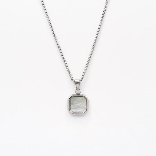 Silver Square Stone Pendant Necklace - White